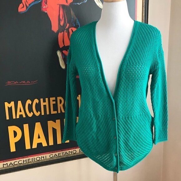 LUCKY BRAND: Romona Lose Knit Teal Button Cardigan - Picture 2 of 8